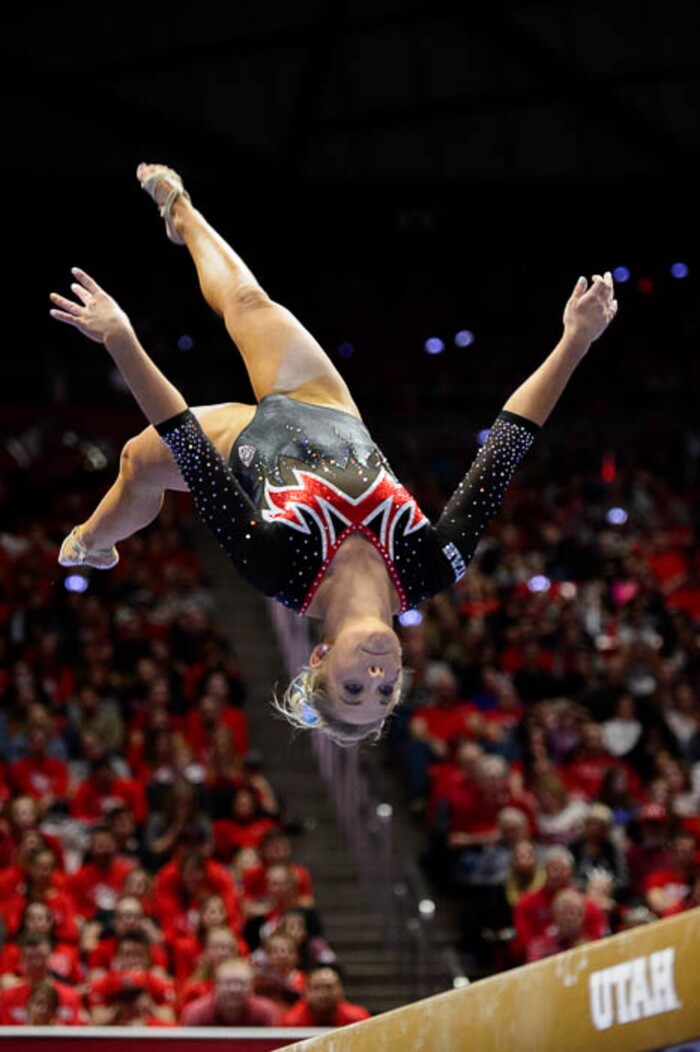 (Trent Nelson | The Salt Lake Tribune)  MyKayla Skinner  on beam as Utah hosts Washington, NCAA gymnastics in Salt Lake City, Saturday February 3, 2018.