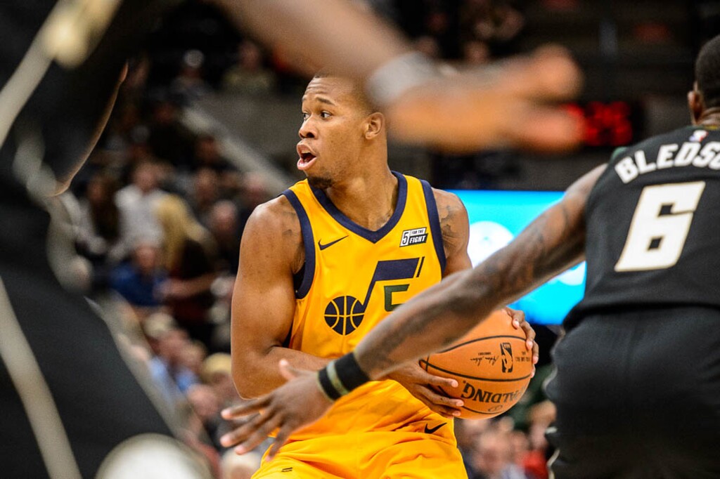 (Trent Nelson | The Salt Lake Tribune)  Utah Jazz guard Rodney Hood (5) as the Utah Jazz host the Milwaukee Bucks, NBA basketball in Salt Lake City Saturday November 25, 2017.