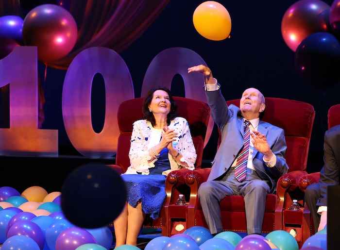 (Jeffrey D. Allred | Pool) President Russell M. Nelson of The Church of Jesus Christ of Latter-day Saints and his wife Sister Wendy Nelson play with balloons during his 100th birthday celebration at the Little Theatre of the Conference Center in Salt Lake City on Monday, Sept. 9, 2024.