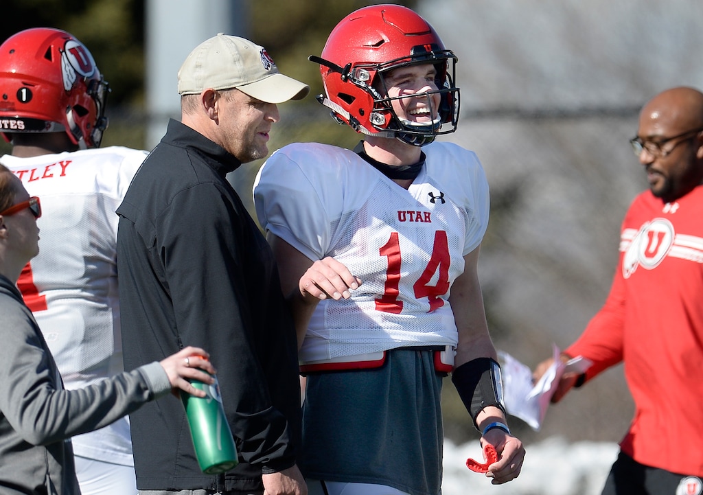 Scott Sommerdorf | The Salt Lake TribuneQB Jack Tuttle talks with offensive coordinator Troy Taylor at Utah spring football practice, Saturday, March 10, 2018.