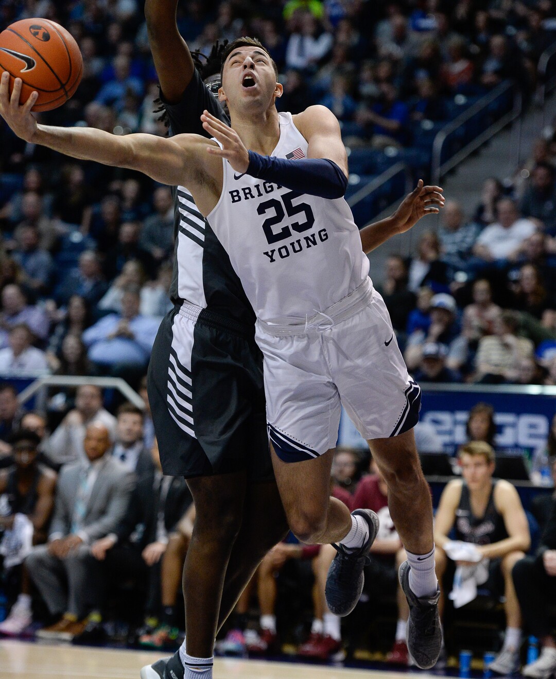 (Francisco Kjolseth  |  The Salt Lake Tribune) Brigham Young Cougars forward Gavin Baxter (25) stretches out for the shot in the first half as the Brigham Young Cougars host the Santa Clara Broncos at the Marriott Center in Provo, Thursday, Feb. 20, 2020.