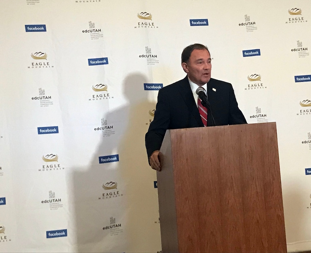 (Ben Wood  |  The Salt Lake Tribune) Governor Gary Herbert speaks in Eagle Mountain where it was announced that Facebook will open a data center.