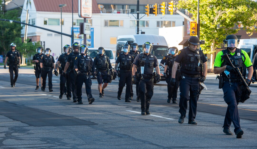 (Rick Egan  |  The Salt Lake Tribune) Salt Lake City Police prepare to face off with protesters at 400 South 200 East in Salt Lake City during a Justice for Bernardo Palacios-Carbajal protest on Tuesday, June 23, 2020.