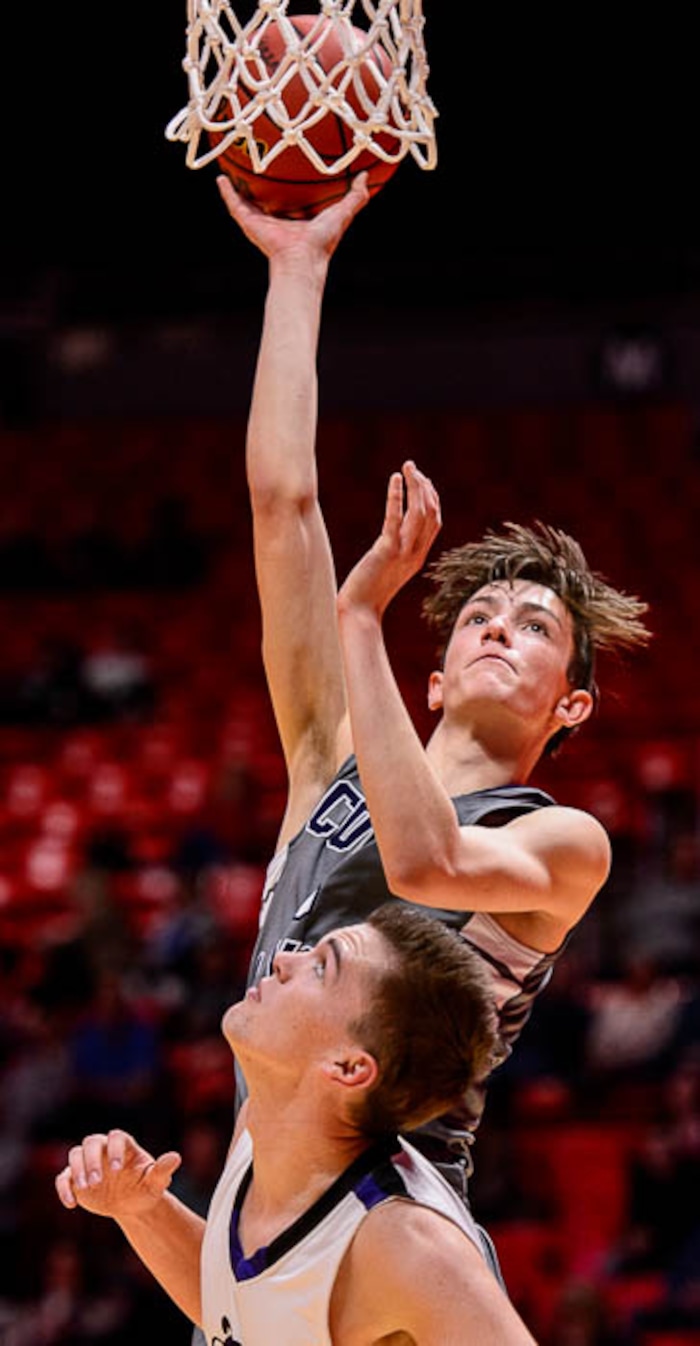 (Trent Nelson | The Salt Lake Tribune)  Box Elder vs. Corner Canyon, 5A State high school basketball tournament at the Huntsman Center in Salt Lake City, Wednesday Feb. 28, 2018. Corner Canyon's Hayden Welling (13) shoots.