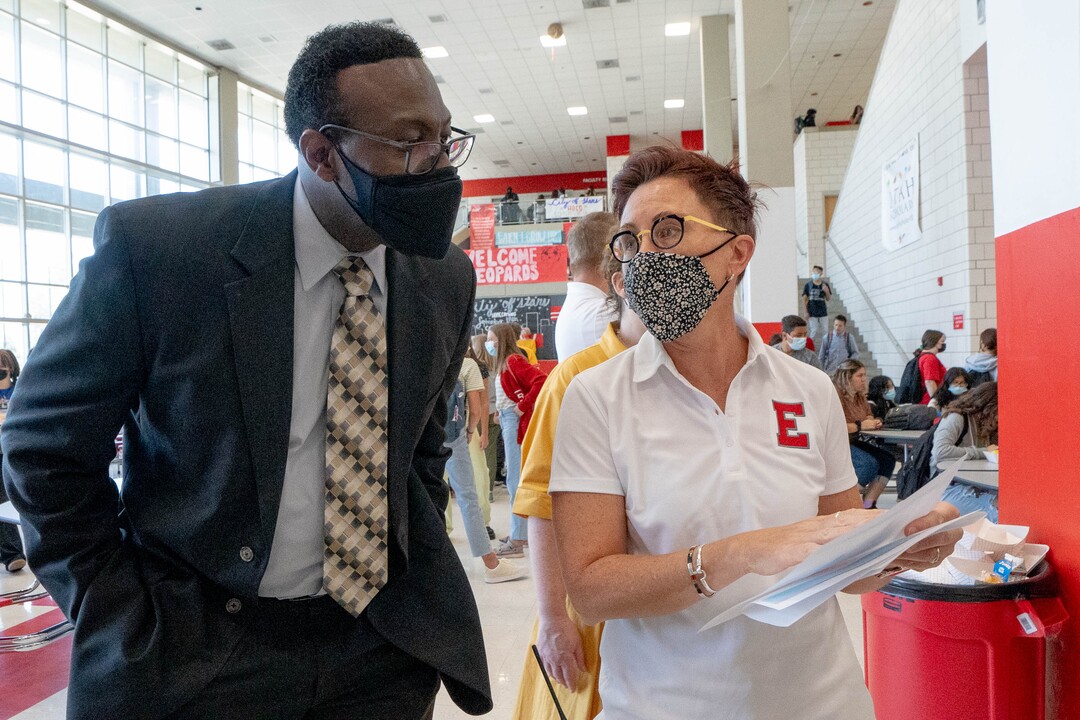 (Francisco Kjolseth | The Salt Lake Tribune) New Salt Lake City School District superintendent Timothy Gadson III, joins East High School principal Pam Pedersen on the first day back for the fall session on Tuesday, Aug. 24, 2021.