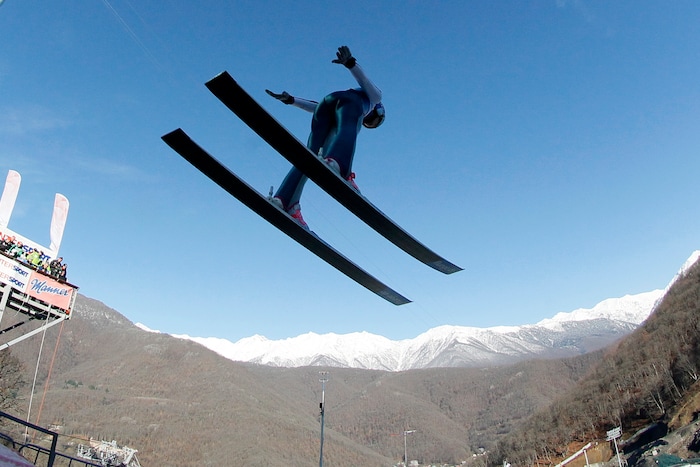 Sarah Hendrickson of  the US makes her competition jump during the Women's Normal Hill Individual event at the FIS Ski jumping Cup in Sochi, Russia, Sunday, Dec. 9, 2012. (AP Photo/Dmitry Lovetsky)
