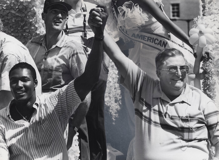 (The Salt Lake Tribune) Utah Jazz coach Frank Layden, right, and star forward Karl Malone on a float for the Days of '47 Parade in 1985. Layden, an icon of Utah basketball, died July 8, 2025, at age 93. 