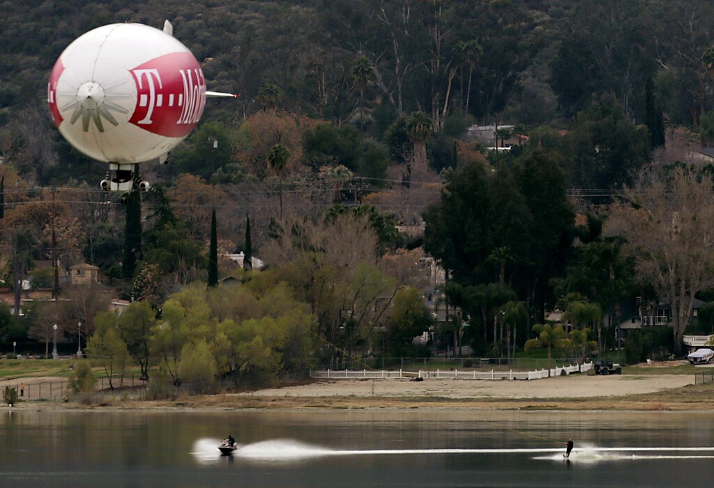 (Terry Pierson | Los Angeles Daily News via AP file photo)  A blimp tows skiers on Lake Elsinore, Calif., on Tuesday, March 13, 2018.