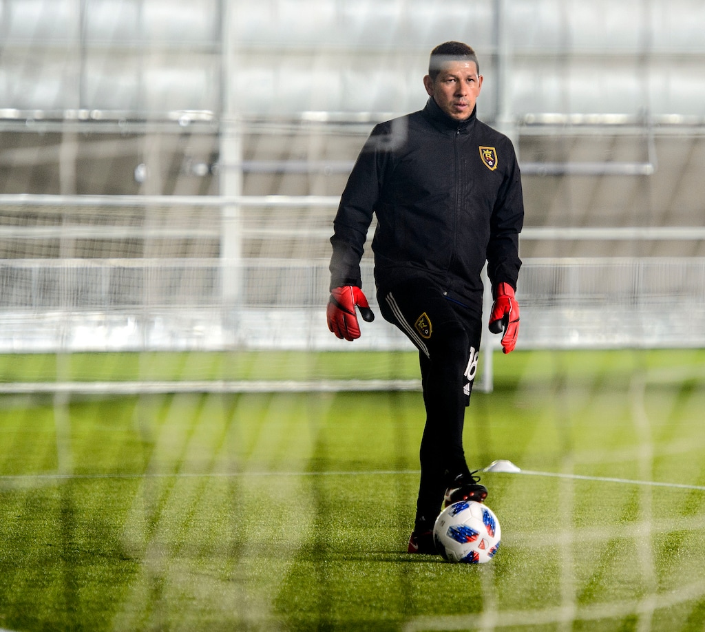 (Steve Griffin  |  The Salt Lake Tribune) RSL goalkeeper Nick Rimando practices with the team at the new Zions Bank Real Academy indoor facility in Herriman Tuesday, Jan. 23, 2018.