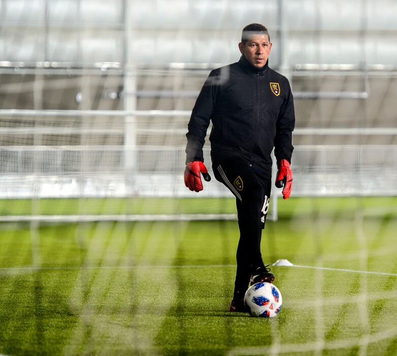 (Steve Griffin  |  The Salt Lake Tribune) RSL goalkeeper Nick Rimando practices with the team at the new Zions Bank Real Academy indoor facility in Herriman Tuesday, Jan. 23, 2018.