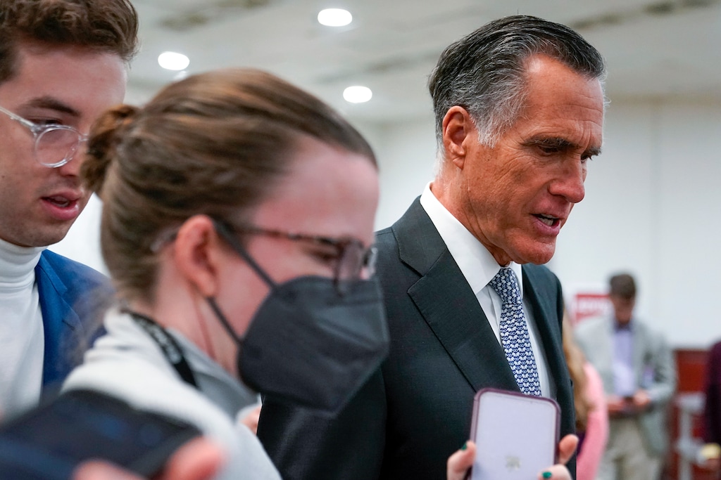(Patrick Semansky | AP) Sen. Mitt Romney, R-Utah, speaks with reporters after voting on a bill that would enshrine same-sex and interracial marriages into federal law, Wednesday, Nov. 16, 2022, on Capitol Hill in Washington.