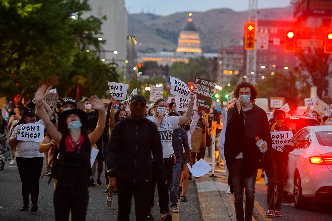 (Trent Nelson  |  The Salt Lake Tribune) Protesters march through Salt Lake City on Monday, June 1, 2020.