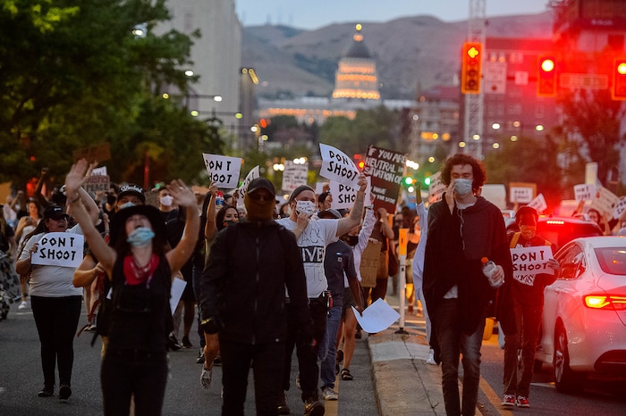 (Trent Nelson  |  The Salt Lake Tribune) Protesters march through Salt Lake City on Monday, June 1, 2020.