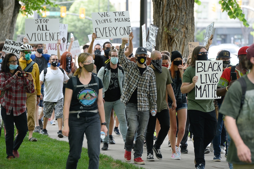 (Francisco Kjolseth  |  The Salt Lake Tribune) Demonstrators protest against police brutality on Tuesday, June 2, 2020, in downtown Salt Lake City, as an 8 p.m. weeklong curfew remains in order.