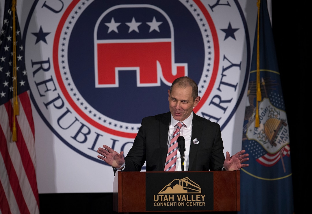 Scott Sommerdorf | The Salt Lake TribuneRepresentative John Curtis, R-Utah, speaks at the 2018 Utah County Republican Party Lincoln Day Dinner.