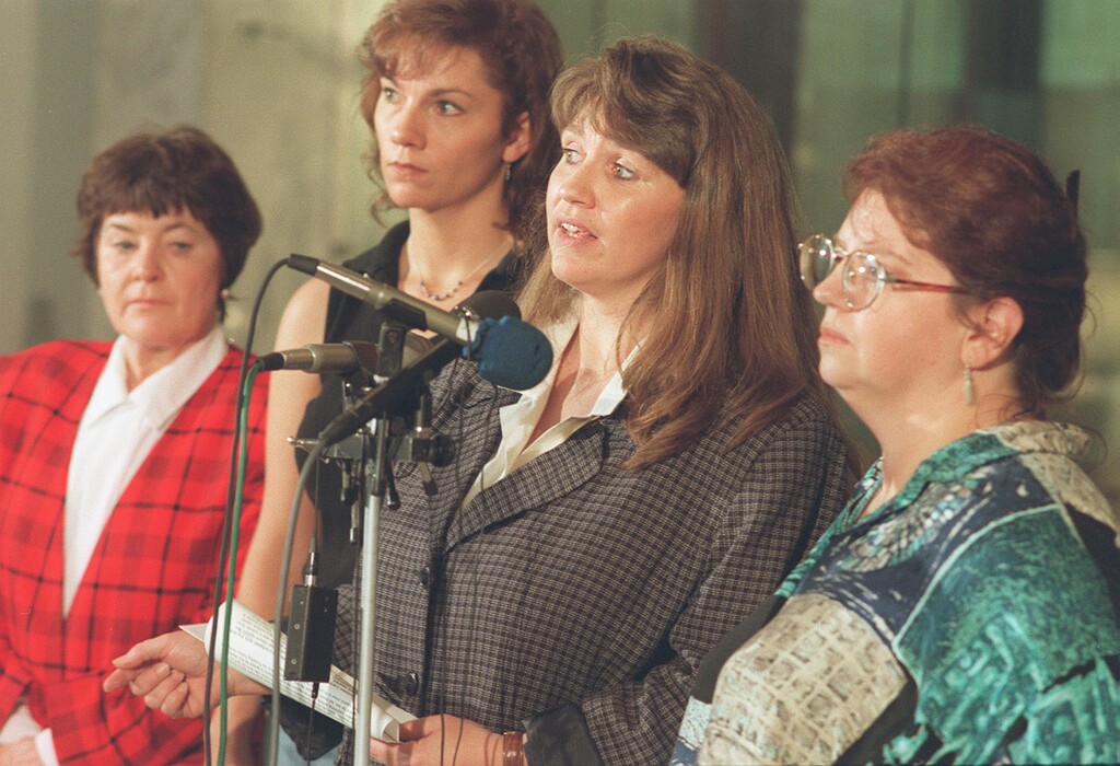 (Leah Hogsten  |  Tribune file photo)  Members of "Tapestry of Polygamy" Rowenna Erickson, left, Laura Chapman, Vicky Prunty and Carmen Thompson held a news conference outside Gov. Michael Leavitt's office in 1998 to gain support in their fight to prosecute bigamy and related civil rights abuses in Utah.