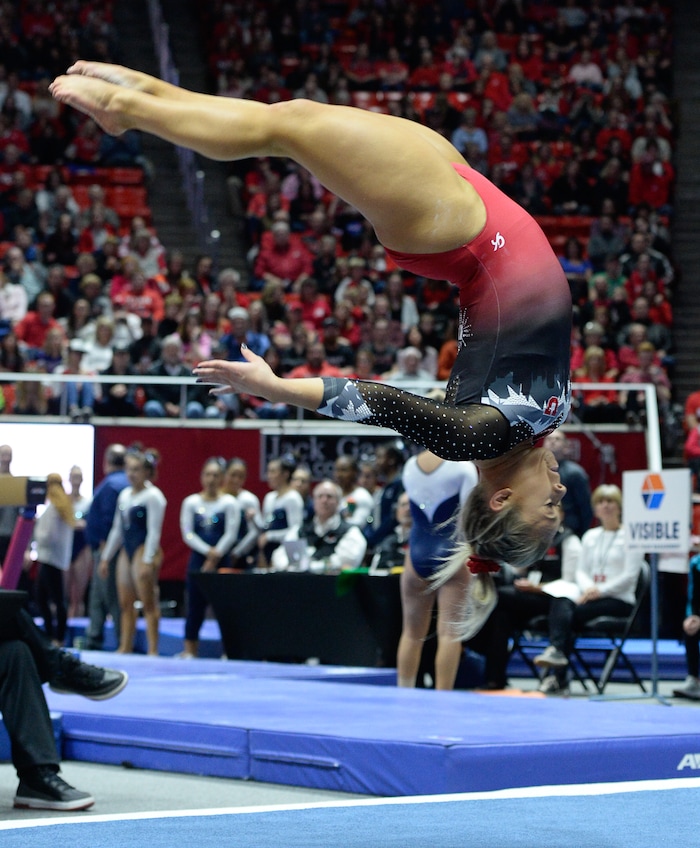 (Francisco Kjolseth  |  The Salt Lake Tribune)  Sydney Soloski performs her floor routine as Utah hosts Penn State in their season opener at the Huntsman Center in Salt Lake City on Saturday, Jan. 5, 2019.