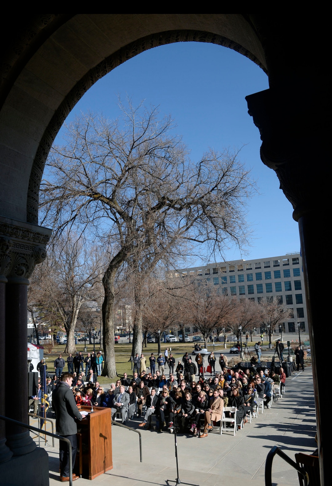 (Al Hartmann  |  The Salt Lake Tribune) 	Newly elected City Council Member Chris Wharton speaks after taking the oath of office in ceremony outside the City-County Building Tuesday Jan. 2.  