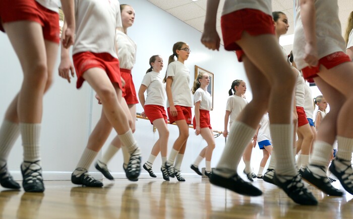 (Leah Hogsten | The Salt Lake Tribune) Celtic Beat Irish Dancers from La Rae's Dance Unlimited in Layton learn new Irish dance steps, Wednesday, April 4, 2018, from Louise O'Sullivan and Ellen Bonner, cast members and dance captains from the Broadway touring show "Riverdance," playing at the Eccles Theater in Salt Lake City on April 3-8.