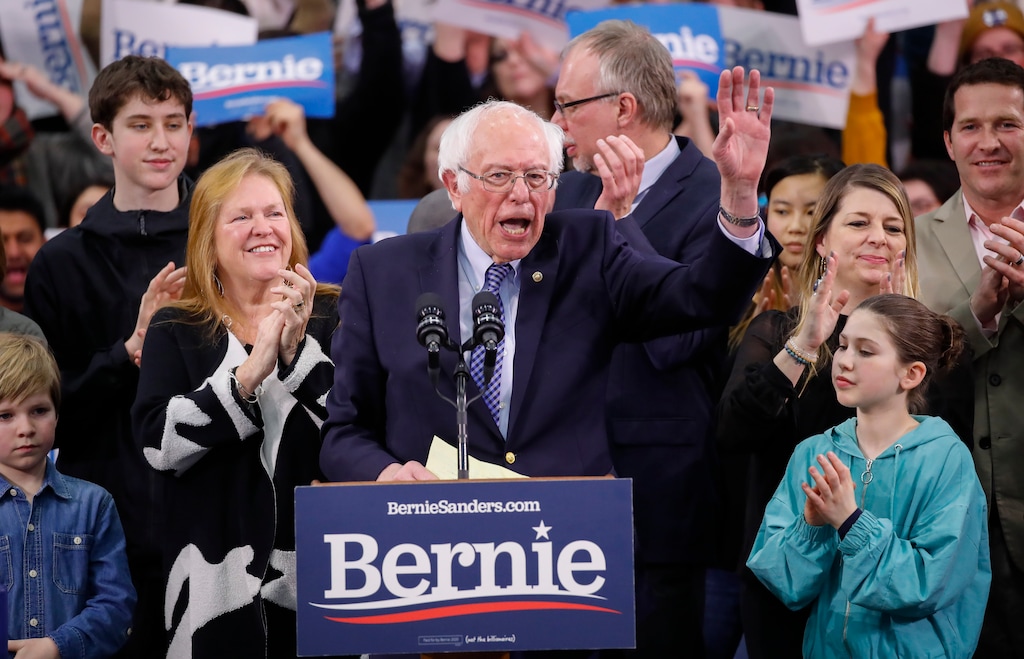 (Pablo Martinez Monsivais | AP) Democratic presidential candidate Sen. Bernie Sanders, I-Vt., speaks to supporters at a primary night election rally in Manchester, N.H., Tuesday, Feb. 11, 2020.