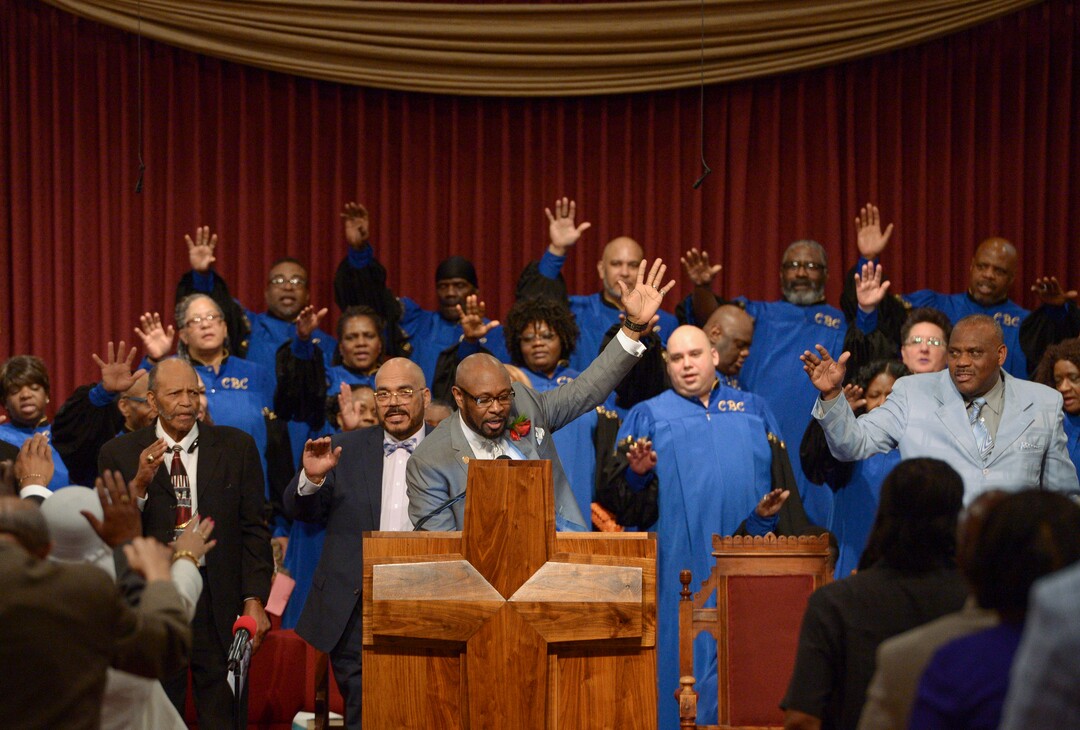 (Leah Hogsten  |  The Salt Lake Tribune) Guest Pastor Michael J. Ross, Sr., of St. Paul Baptist Church in Boise (center) delivered the anniversary sermon in honor of Rev. France A. Davis, celebrating his 44th anniversary as pastor at Calvary Baptist Church, Sunday, April 22, 2018. 