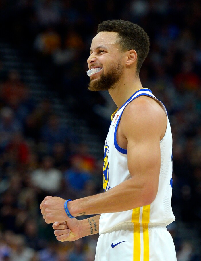 (Steve Griffin  |  The Salt Lake Tribune) Golden State Warriors guard Stephen Curry (30) grits his teeth after getting called for a foul during the Utah Jazz versus Golden State Warriors at Vivint Smart Home Arena in Salt Lake City Tuesday January 30, 2018.