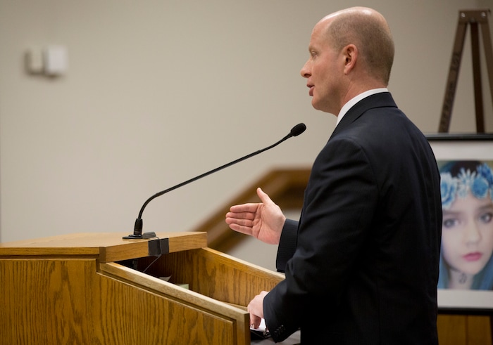 Chad Grunander, a prosecuting attorney, speaks during Tyerell Przybycien's sentencing in the 4th District Court on Friday, Dec. 7, 2018, in Provo.