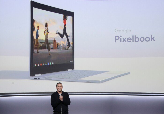Google's Matt Vokoun speaks about the Google Pixelbook at a Google event at the SFJAZZ Center in San Francisco, Wednesday, Oct. 4, 2017. (AP Photo/Jeff Chiu)