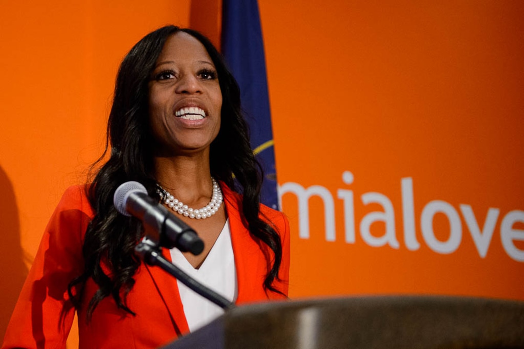 (Trent Nelson | The Salt Lake Tribune)  Mia Love makes a statement at her election night party at the Hilton Garden Inn in Lehi on Wednesday Nov. 7, 2018.
