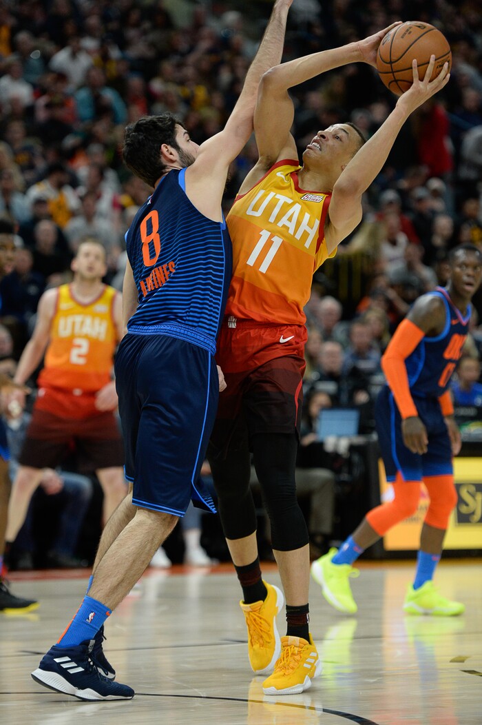 (Francisco Kjolseth  |  The Salt Lake Tribune)  Oklahoma City Thunder guard Alex Abrines (8) pressures Utah Jazz guard Dante Exum (11) in the NBA game at Vivint Smart Home Arena Sat., Dec. 22, 2018, in Salt Lake City.