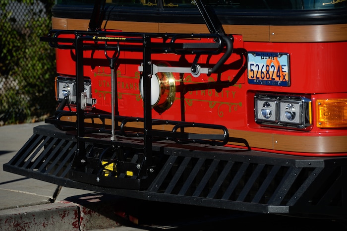 (Francisco Kjolseth | Francisco Kjolseth) UTA unveils a new historic-style trolley bus at the Layton Frontrunner station on Monday, Oct. 15, 2018, that will operate for free on Route 628 in Layton.