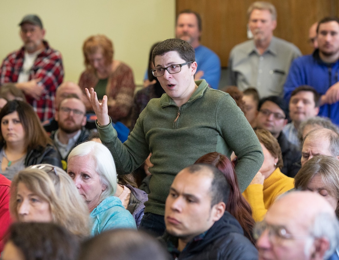 (Keith Johnson  |  for The Salt Lake Tribune) Brian Fabbi asks newly elected Utah Congressman Ben McAdams, representing Utah's 4th District, a question during a town hall meeting at the Redwood Recreational Center in West Valley City, Utah on Jan. 19, 2019. McAdams held the town hall meeting to make good on a promise to be more accessible to constituents, a criticism he leveled against former congresswoman Mia Love during McAdam's campaign. 