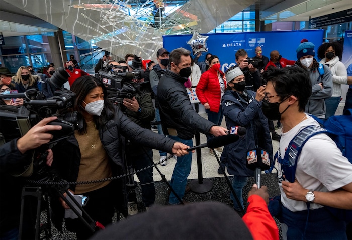 (Rick Egan | The Salt Lake Tribune) Figure skater Nathan Chen arrives home in Salt Lake City, on Monday, Feb. 21, 2022. Chen won the gold medal in men's figure staking and a silver in the team event.
