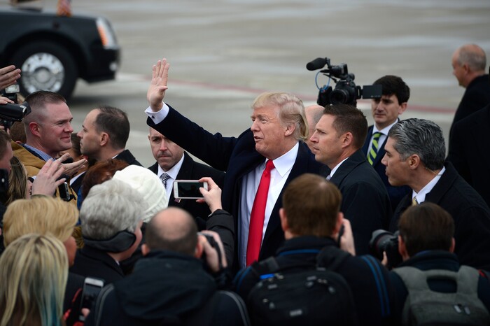 (Scott Sommerdorf   |  The Salt Lake Tribune)   President Trump visits with a crowd of admirers after he arrived in Salt Lake City, Monday, December 4, 2017.  