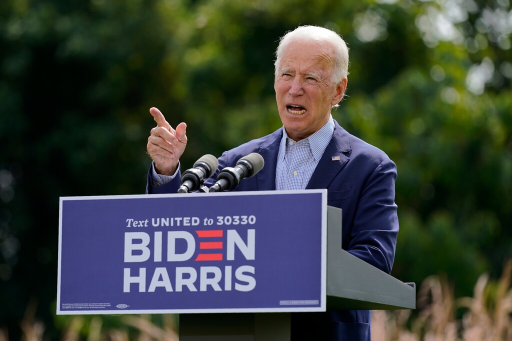 (Patrick Semansky |AP)  Democratic presidential candidate and former Vice President Joe Biden speaks about climate change and wildfires affecting western states, Monday, Sept. 14, 2020, in Wilmington, Del.