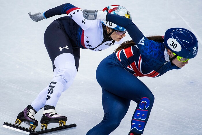 (Chris Detrick  |  The Salt Lake Tribune)  Kathryn Thomson of Great Britain and Jessica Kooreman of the United States race during the Ladies' 1000m Short Track Speed Skating at Gangneung Ice Arena Pyeongchang 2018 Winter Olympics Tuesday, Feb. 20, 2018. 