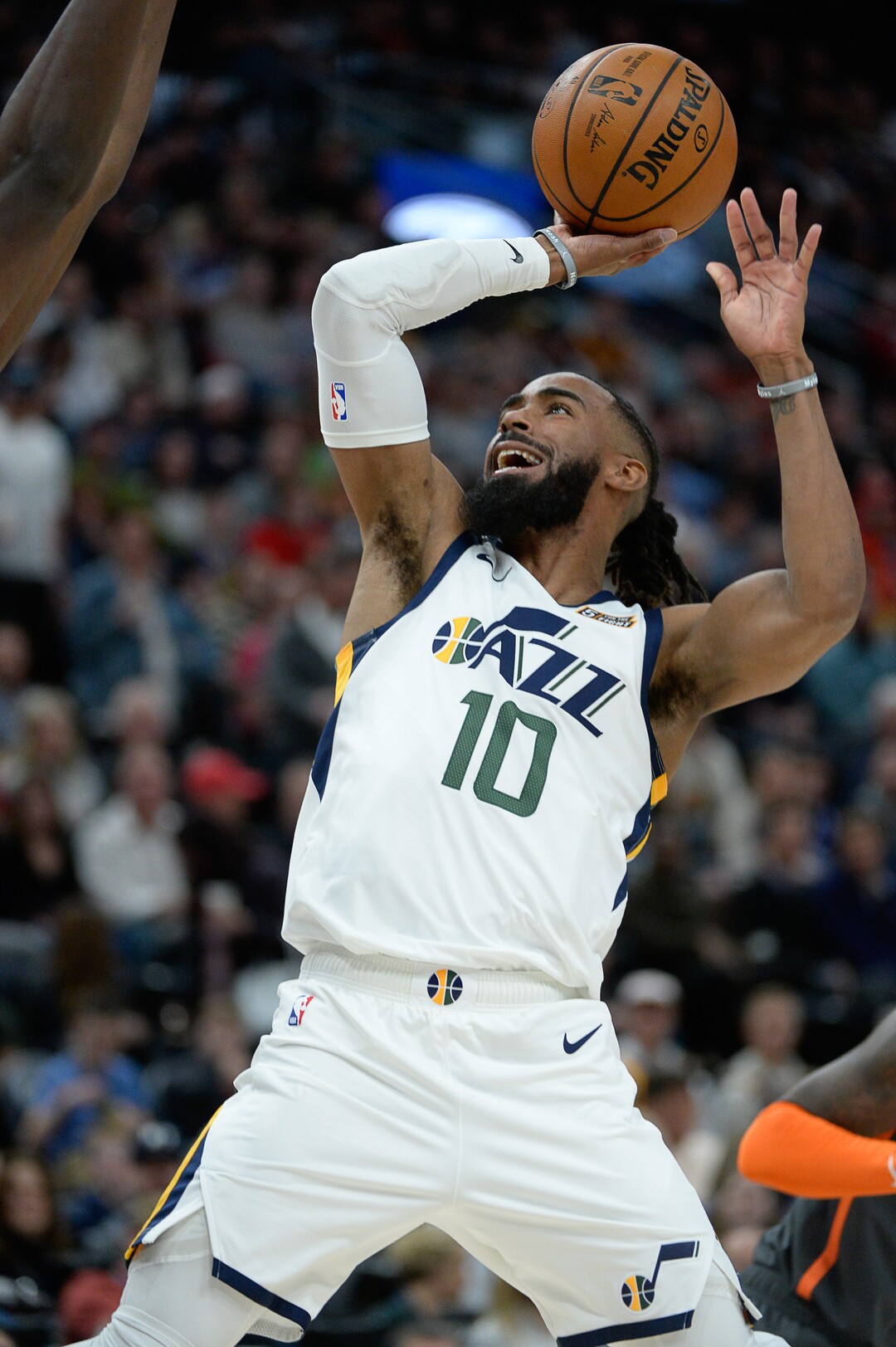 (Francisco Kjolseth  |  The Salt Lake Tribune) Utah Jazz guard Emmanuel Mudiay (8) makes his shot as the Utah Jazz host the Orlando Magic in their NBA basketball game at Vivint Smart Home Arena in Salt Lake City on Tuesday. Dec. 17, 2019.