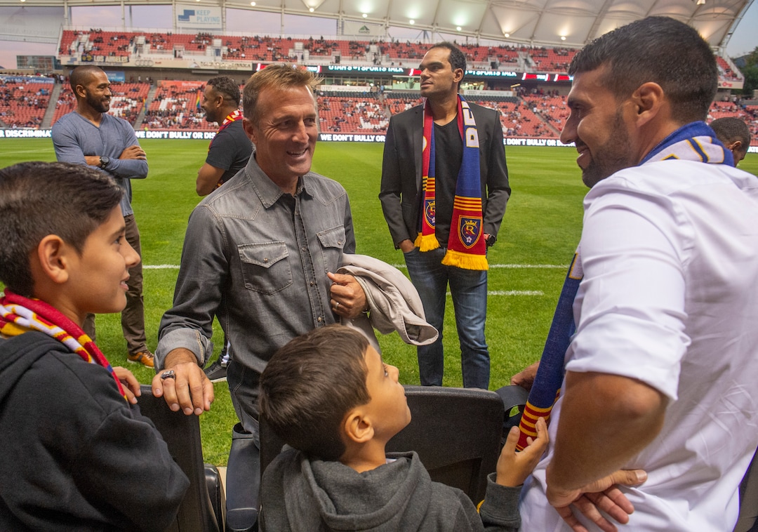 (Rick Egan  |  The Salt Lake Tribune)   Former head coach, Jason Kreis vists with Javier Morales and his family before the  Real Salt Lake and Los Angeles Galaxy match at Rio Tinto Stadium, Wednesday, Sept. 25, 2019.