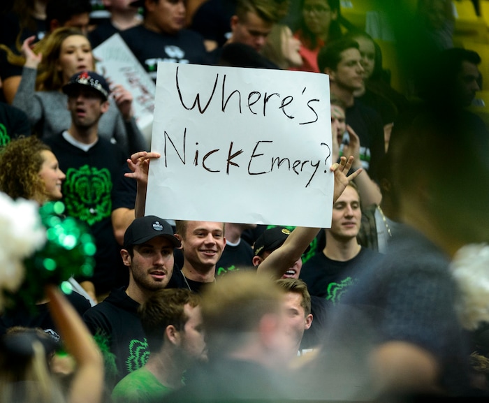 (Steve Griffin  |  The Salt Lake Tribune) The UVU student body gets fired up before the start of the BYU versus UVU basketball game at UCCU Center on the UVU campus in Orem Wednesday November 29, 2017.