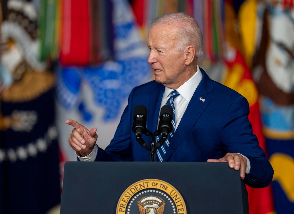 (Rick Egan | The Salt Lake Tribune) President Joe Biden gives remarks on the anniversary of the PACT Act at the George E. Wahlen Department of Veterans Affairs Medical Center, on Thursday, Aug. 10, 2023.