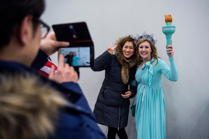 (Chris Detrick  |  The Salt Lake Tribune)  Dressed as Lady Liberty, Amanda Harpham poses for a picture during the United States vs Olympic Athletes from Russia hockey game at Gangneung Hockey Centre during the Pyeongchang 2018 Winter Olympics Saturday, Feb. 17, 2018. Olympic Athletes from Russia defeated United States 4-0.