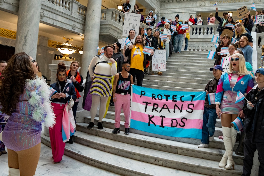 (Rick Egan | The Salt Lake Tribune) Transgender rights protesters in the Capitol rotunda on Wednesday, Jan. 21, 2026.