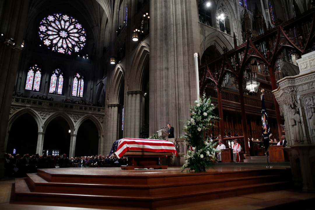 Former President George W. Bush speaks during the State Funeral for his father, former President George H.W. Bush, at the National Cathedral, Wednesday, Dec. 5, 2018, in Washington.(AP Photo/Alex Brandon, Pool)