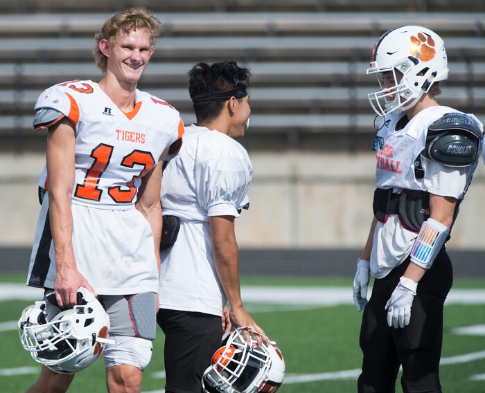 (Rick Egan  |  The Salt Lake Tribune)  Ogden football players share a laugh during practice. The mood at practice has changed after the team broke its 36-game losing streak last week. Wednesday, September 13, 2017.