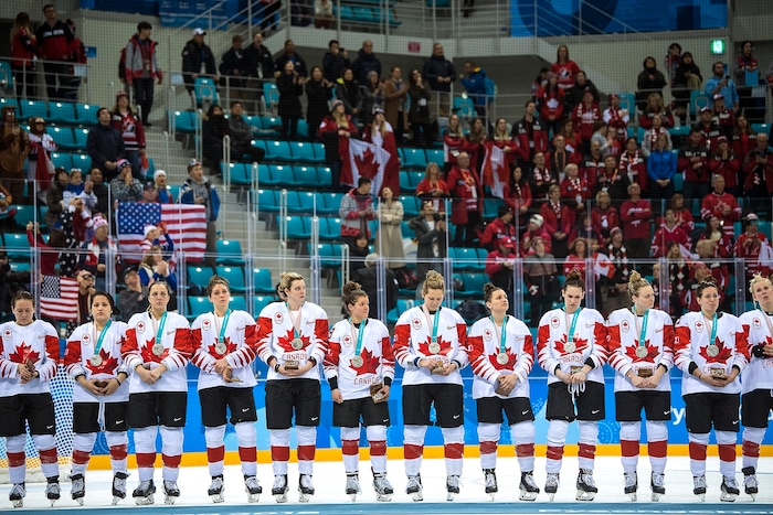 (Chris Detrick  |  The Salt Lake Tribune)  Members of team Canada after the Women's Gold Medal Game at Gangneung Hockey Centre during the Pyeongchang 2018 Winter Olympics Thursday, Feb. 22, 2018. United States defeated Canada 3-2 in a shootout victory. 