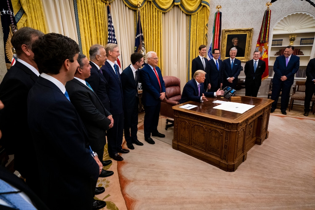 (Doug Mills | The New York Times)
President Donald Trump, with officials from Israel and United Arab Emirates, in the Oval Office of the White House in Washington, Aug. 13, 2020. "The agreement brokered by the Trump administration for the United Arab Emirates to establish full normalization of relations with Israel, in return for the Jewish state forgoing, for now, any annexation of the West Bank, was exactly what Trump said it was in his tweet: 'a HUGE breakthrough'," writes New York Times columnist Thomas L. Friedman.