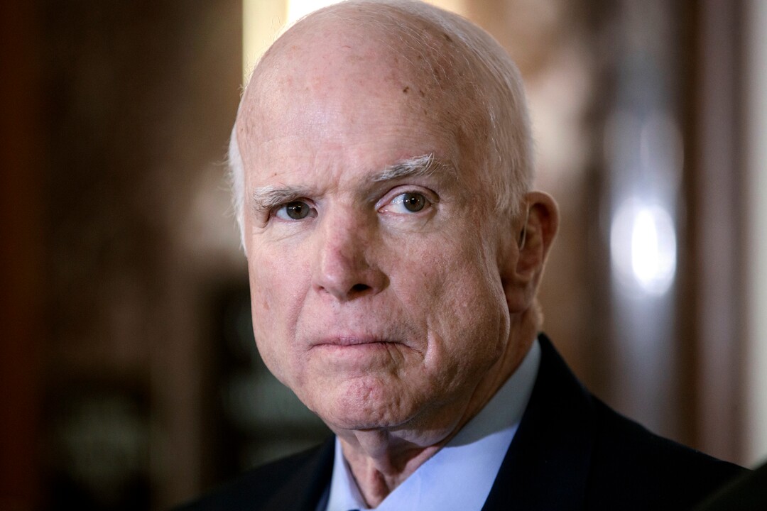 FILE - In this Oct. 25, 2017 file photo, Senate Armed Services Chairman John McCain, R-Ariz., pauses before speaking to reporters during a meeting of the National Defense Authorization Act conferees, on Capitol Hill in Washington. McCain’s family says the Arizona senator has chosen to discontinue medical treatment for brain cancer. (AP Photo/J. Scott Applewhite, File)