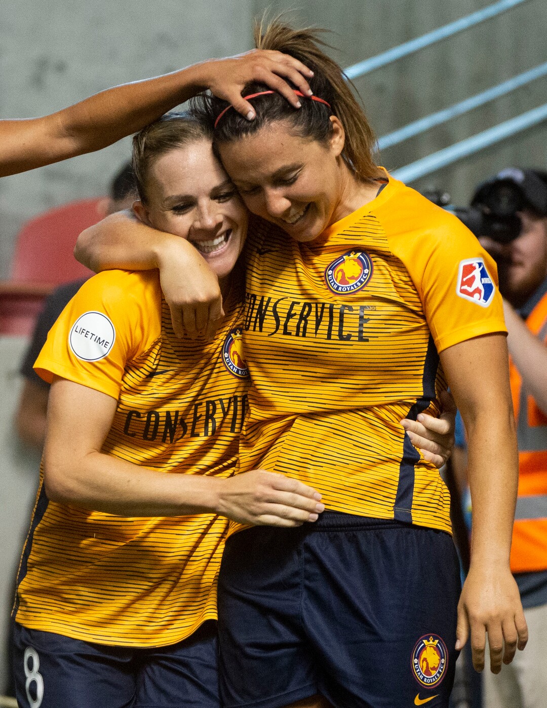 (Rick Egan  |  The Salt Lake Tribune)    Utah Royals FC midfielder Gunnhildur Jónsdóttir (66) celebrates after Utah Royals FC defender Rachel Corsie (2) scored the game tying goal, in Soccer action between Utah Royals FC and Portland Thorns FC, in Sandy, Friday, July 19, 2019.