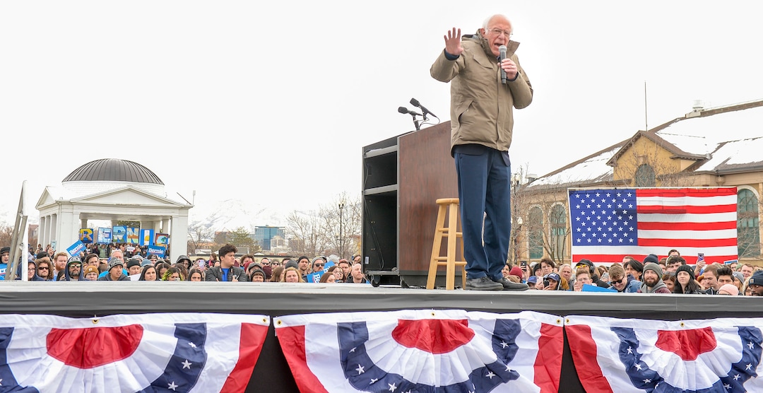 (Leah Hogsten  |  The Salt Lake Tribune) Vermont Sen. Bernie Sanders rallies his supporters at the Utah State Fairpark, Mar. 2, 2020, one day before UtahÕs Super Tuesday primary.