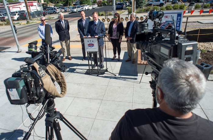 (Rick Egan  |  The Salt Lake Tribune)     Salt Lake County Mayor Ben McAdams, says a few words as South Salt Lake Mayor Cherie Wood, UTA’s Interim Executive Director Steve Meyer, WFRC Executive Director Andrew Gruber, Mark Isaac, Principal, Pinyon8 Consulting LLC and South Salt Lake City Council members met together to break ground on construction of UTA’s S-Line double track project, on 300 East and 2233 South, Monday, June 11, 2018.